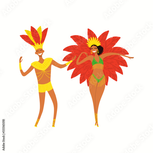 People in carnival costumes, feathers, male, female dancers, isolated on white. Hand drawn characters vector illustration. Brazilian, Colombian carnival concept. Poster, flyer, banner design element