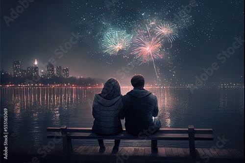 A couple cuddling and watching fireworks on a new year's eve, night time fireworks over a city, bench overlooking a lake, generative ai