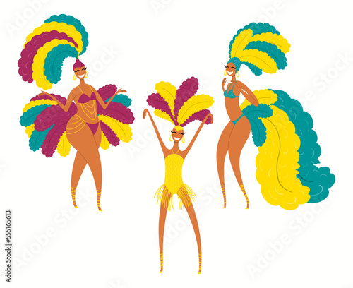 Girls, women dancers in carnival costumes, bikini, feathers, isolated on white. Hand drawn characters vector illustration. Brazilian, Colombian carnival concept. Poster, flyer, banner design element