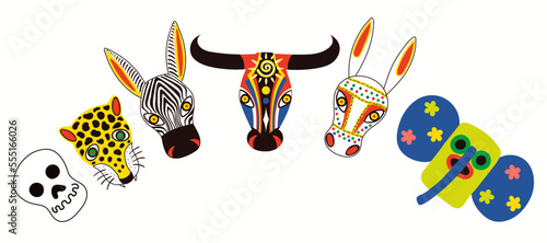Colombian carnival traditional animal bull, donkey, leopard, zebra, death, marimonda masks, isolated on white. Hand drawn vector illustration. Barranquilla concept. Poster, banner design element
