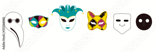 Traditional Venetian masks bauta, gnaga, moretta, doctor plague, arlecchino, isolated on white. Hand drawn vector illustration. Carnival of Venice concept, design element for poster, flyer, banner