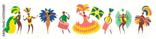 Brazilian carnival dancers, drummers, flag bearer in costumes, isolated on white. Hand drawn cartoon characters vector illustration. Brazil carnival concept, design element for poster, flyer, banner