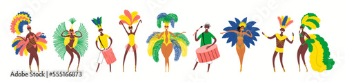 Brazilian carnival dancers, drummers in traditional costumes, isolated on white. Hand drawn cartoon characters vector illustration. Brazil carnival concept, design element for poster, flyer, banner