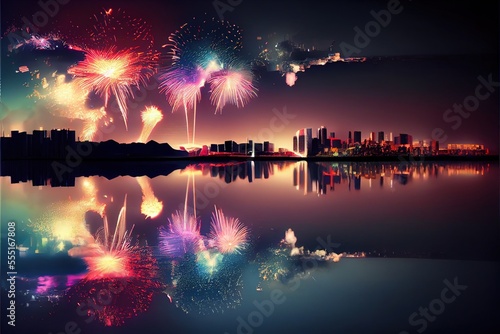 New year's eve fireworks over a city skyline - generative ai © Infinite Shoreline