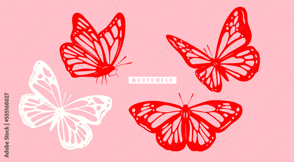 Red, white outline Butterflies collection. Beautiful nature flying insects. Butterfly silhouettes. Hand drawn modern Vector illustration. All elements are isolated. Tattoo idea, print, logo template