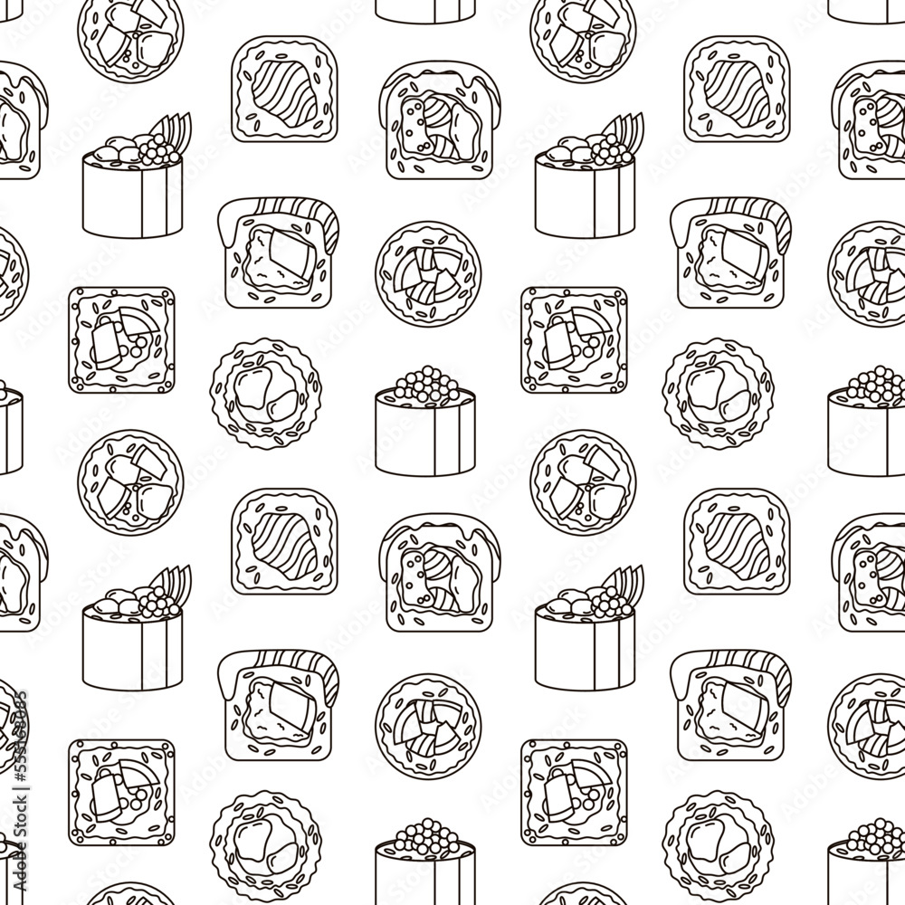 Seamless pattern with sushi on white background. Line art.