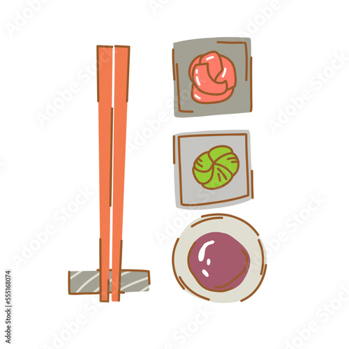 Sushi set with chopsticks on a stand, a saucer of ginger, wasabi and soy sauce.