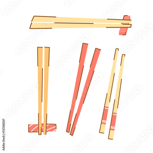 Set of chopsticks for sushi in different colors on coasters isolated on white background in cartoon style