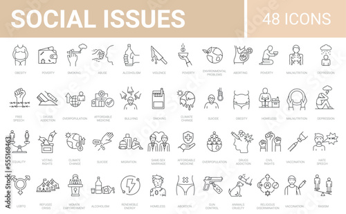 Set of 48 icons related to social issues, problems, rights. Line icon collection. Editable stroke. Vector illustration