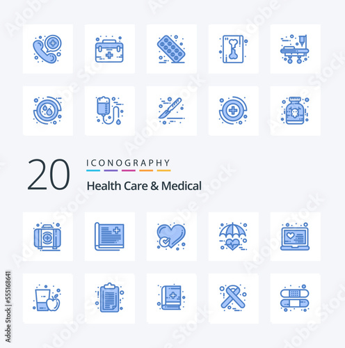 20 Health Care And Medical Blue Color icon Pack like medical healthcare report like done