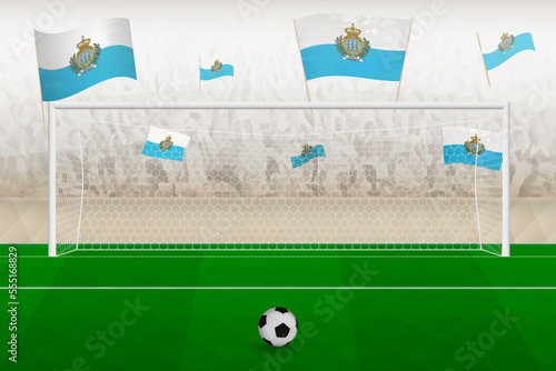 San Marino football team fans with flags of San Marino cheering on stadium, penalty kick concept in a soccer match.