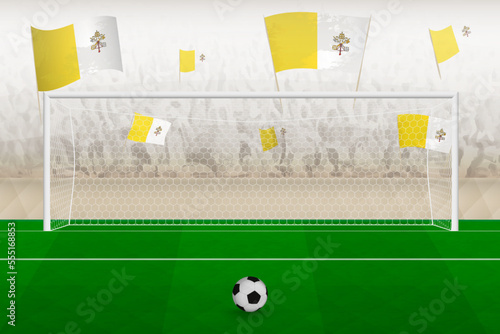 Vatican City football team fans with flags of Vatican City cheering on stadium, penalty kick concept in a soccer match.