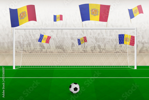 Andorra football team fans with flags of Andorra cheering on stadium, penalty kick concept in a soccer match.