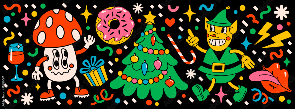 Merry Christmas and Happy New year pack of trendy retro cartoon characters. Groovy hippie Christmas stickers with Christmas tree, cupcake and winter objects. Vector Cartoon characters and elements. Merry Christmas and Happy New year pack of trendy retro cartoon characters. Groovy hippie Christmas stickers with Christmas tree, cupcake and winter objects. Vector Cartoon characters and elements.