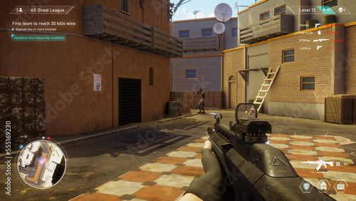 Foto Video Game Mock-up Concept: Game play 3D Shooter Online Multiplayer Battle