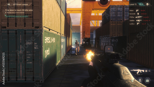 Foto Video Game Mock-up Concept: Game play 3D Shooter Online Multiplayer Battle