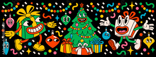 Merry Christmas and Happy New year pack of trendy retro cartoon characters. Groovy hippie Christmas stickers with Christmas tree, gifts and winter objects. Vector Cartoon characters and elements.