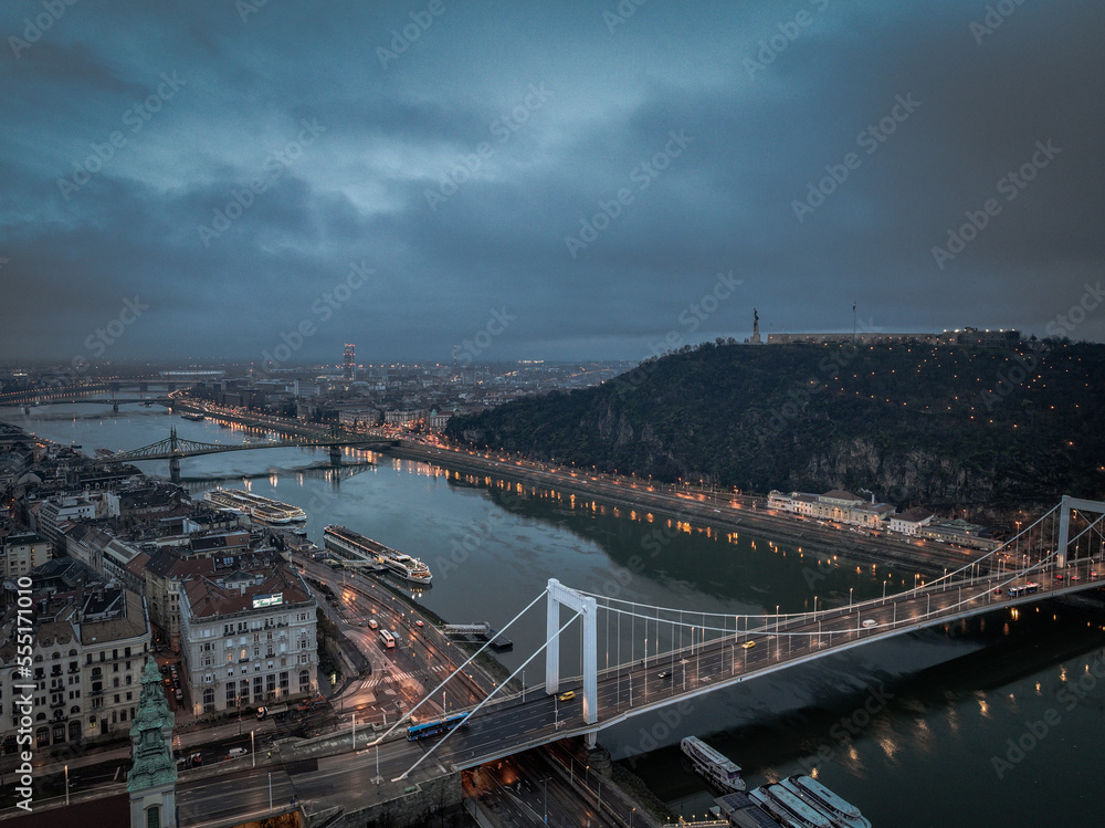 Aerial view of the bridge and traffic in the city of Budapest, Hungary