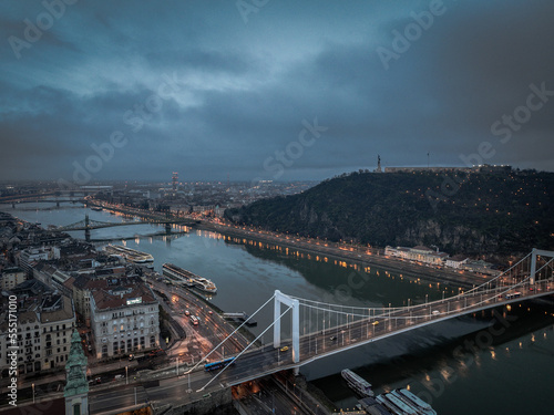 Aerial view of the bridge and traffic in the city of Budapest, Hungary