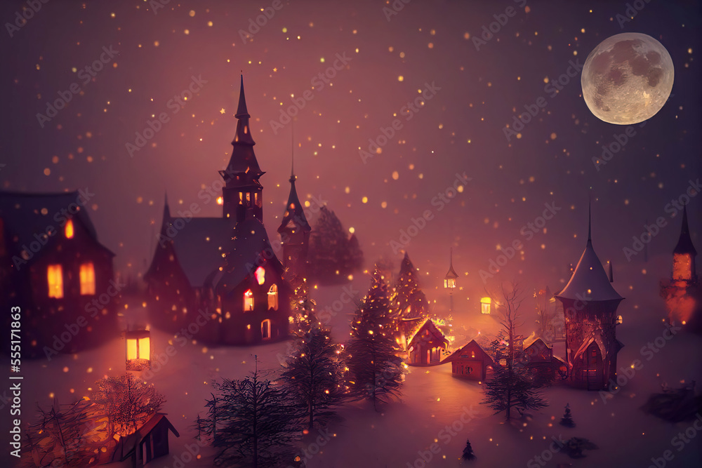 Beautiful little old town decorated for Christmas, winter night with snowfall, AI generated image