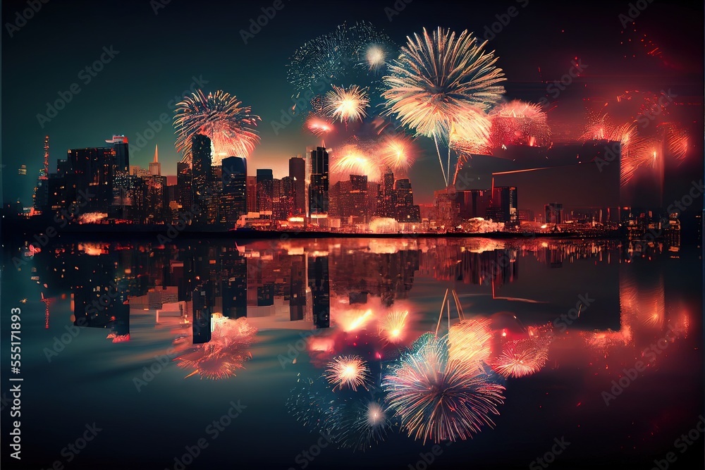 Fototapeta premium New year's eve fireworks, city skyline - generative ai