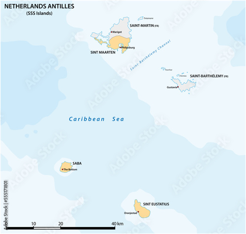 Vector map of the three SSS islands, Netherlands Antilles