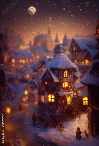 Beautiful medieval town with lights in windows, night winter scene with snow, AI generated image © Eva