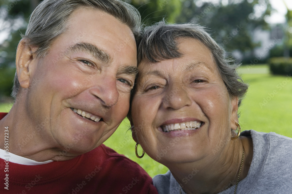 Portrait of a senior couple smiling in a park. Portrait of a senior couple smiling in a park.