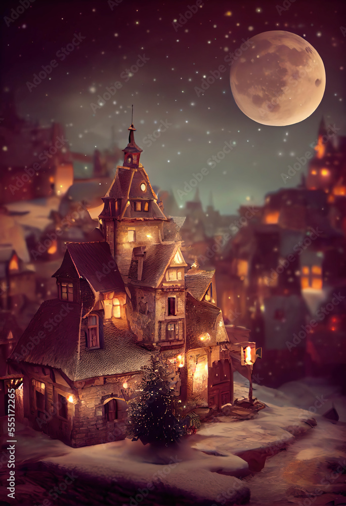 Beautiful fairy tale medieval town decorated for Christmas with a Christmas tree, night winter scene, snowfall, full moon in the sky, AI generated image