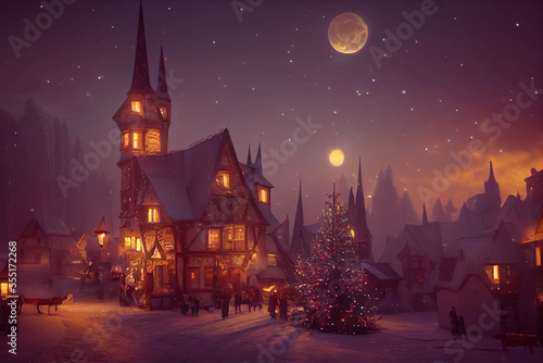 Beautiful little old town decorated for Christmas with a Christmas tree, night winter scene, snow, full moon in the sky, AI generated image