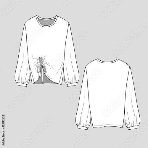 Gathering Knotted Hem top Crew Neck knot tie Long Sleeve Gathering hem cuff fashion flat sketch technical drawing template design vector