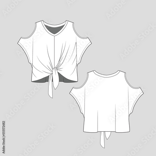Knotted hem cold shoulder Crop top V Neck Kimono Open Shoulder knot hem cropped  fashion flat sketch technical drawing template Design