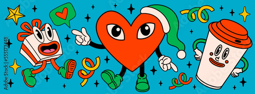 Merry Christmas and Happy New year pack of trendy retro cartoon characters. Groovy hippie Christmas stickers with Heart, paper cup, gift and winter objects. Vector Cartoon characters and elements.