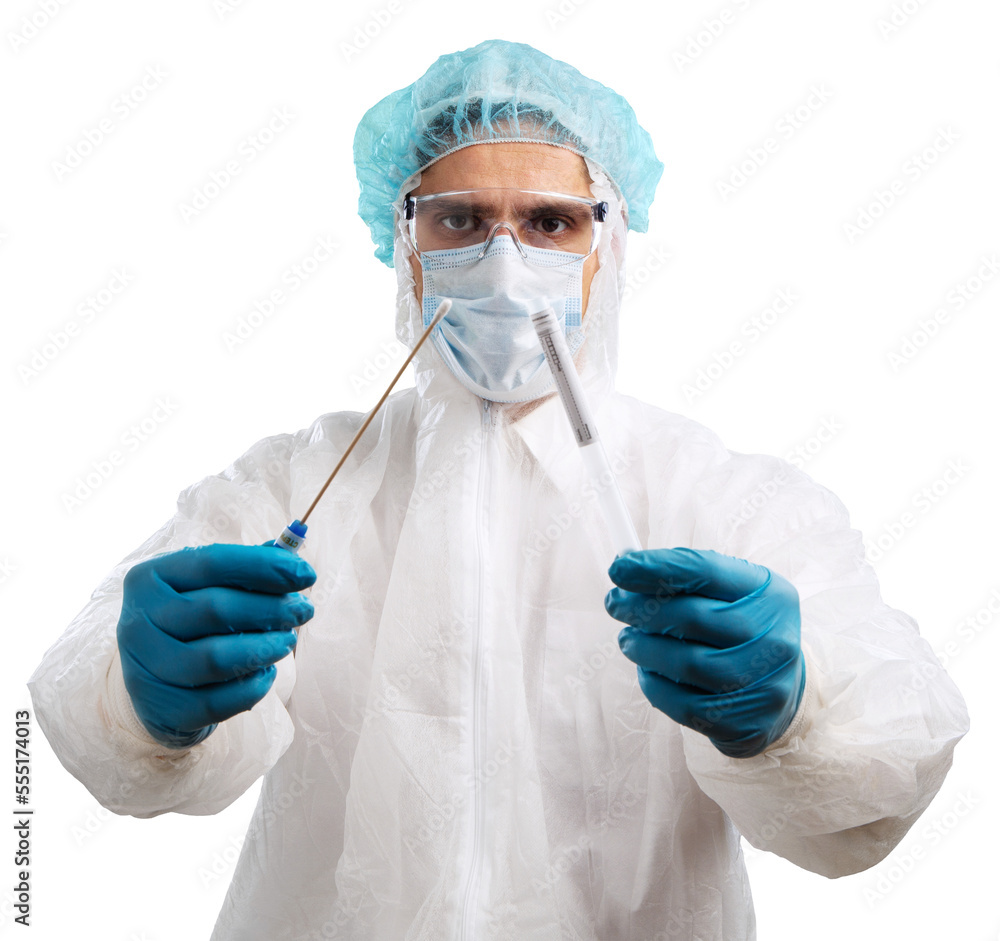 Medical healthcare technologist holding COVID-19 swab kit, wearing white protective suit and mask Medical healthcare technologist holding COVID-19 swab kit, wearing white protective suit and mask