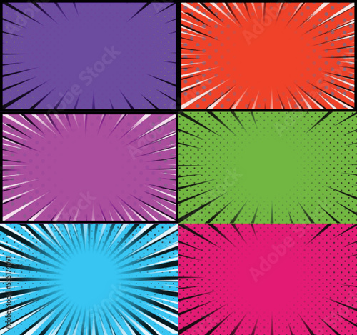 Comic book colorful frames background with halftone rays radial and dotted effects pop art style © Muhammad