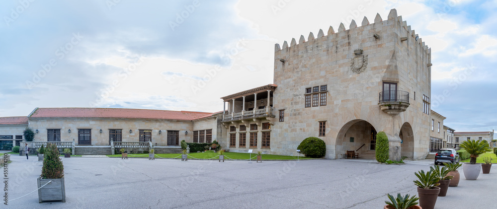 Baiona, Spain - December 05, 2022: Parador Nacional hotel in an old castle on Mount Boien the town of Baiona, Galicia, Spain