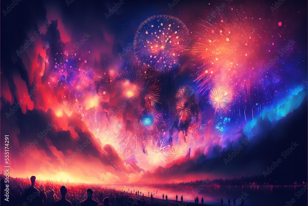 New year 2023 background with fireworks, Happy new year 2023 background with fireworks and lighting.