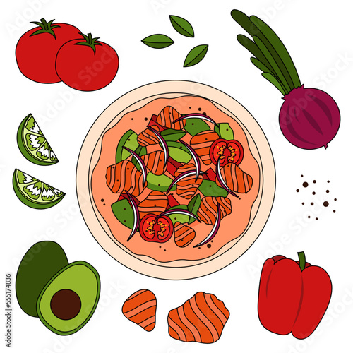 Ceviche recipe with ingredients -  salmon, tomato, pepper, avocado, purple onion and lime. 
