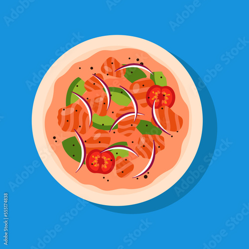 Ceviche isolated on blue background. Latin American cuisine. 