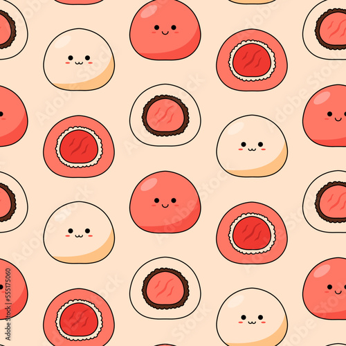 Seamless pattern with kawaii mochi on light background.