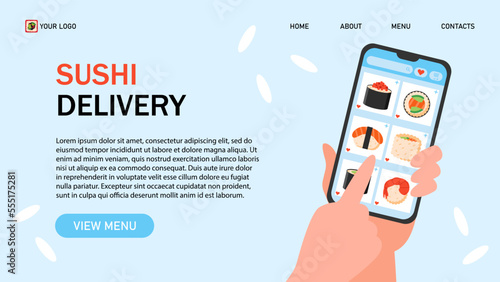 Order sushi online. Hands holding smartphone and choosing sushi. Asian restaurant with sushi delivery web banner.
