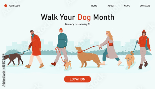 Young people walking with their dogs. Pet owners strolling with their dogs on leash. Walk Your Dog Month web banner. 
