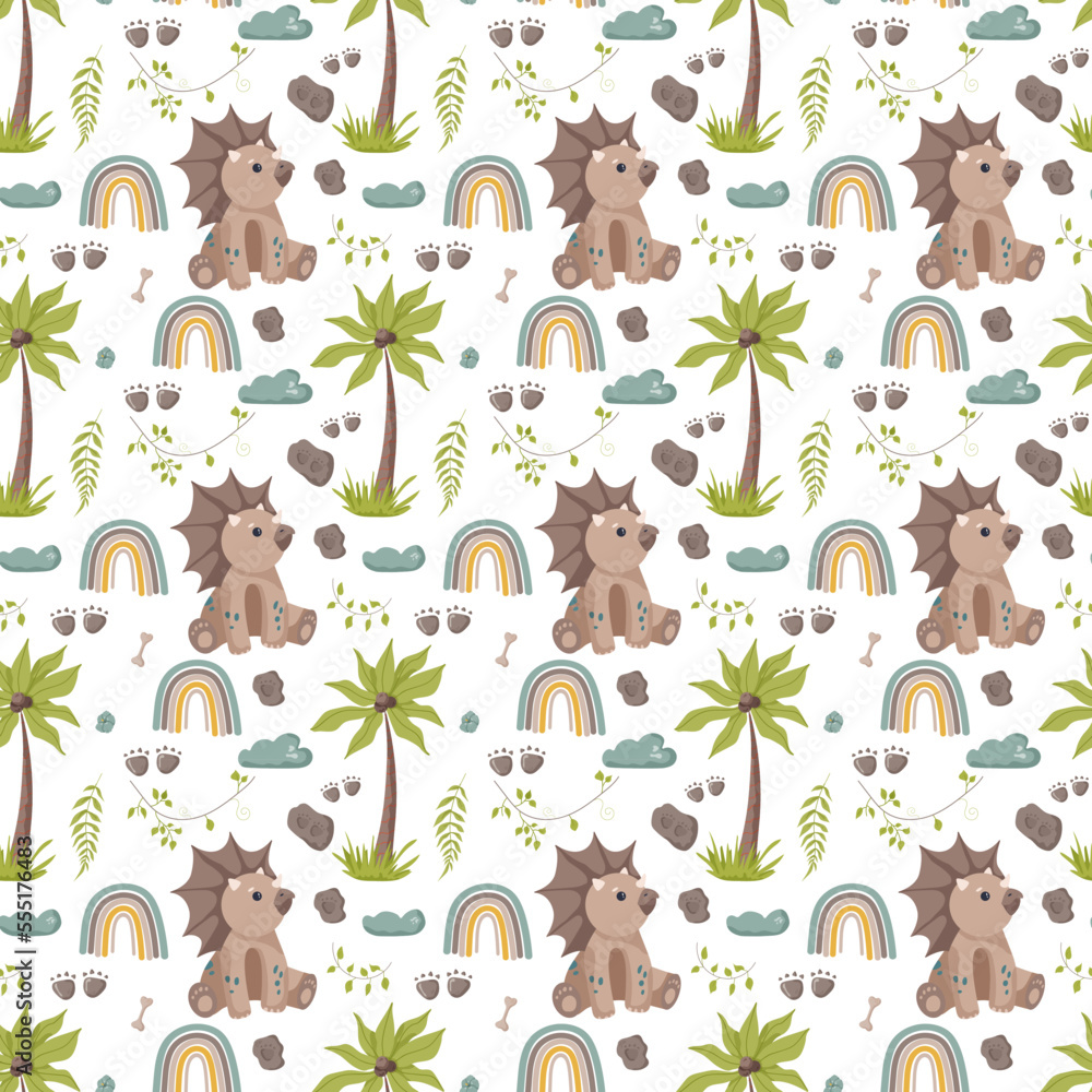 Fototapeta premium Dinosaur seamless pattern footprint tracks. Minimal color background with paw, stones, rainbow. Dinosaur footprint seamless pattern perfect for textile, wrap and wallpaper and design.