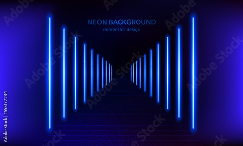 Podium, road, pedestal or platform with neon luminous rays on blue background. Stage with scenic lights. Abstract neon background. Neon magic lights line. Motion shine blue. Vector illustration