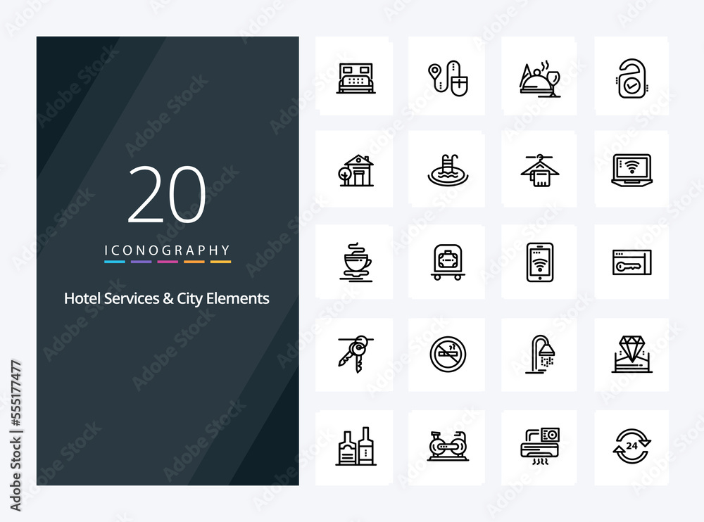 20 Hotel Services And City Elements Outline icon for presentation