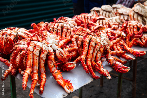 red sea ocean king crabs on the counter at the market