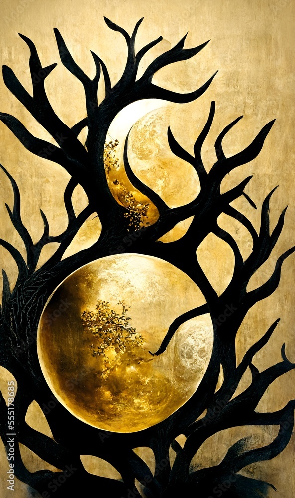 3d Wall frame poster artwork. golden tree, moon and branches on black background.