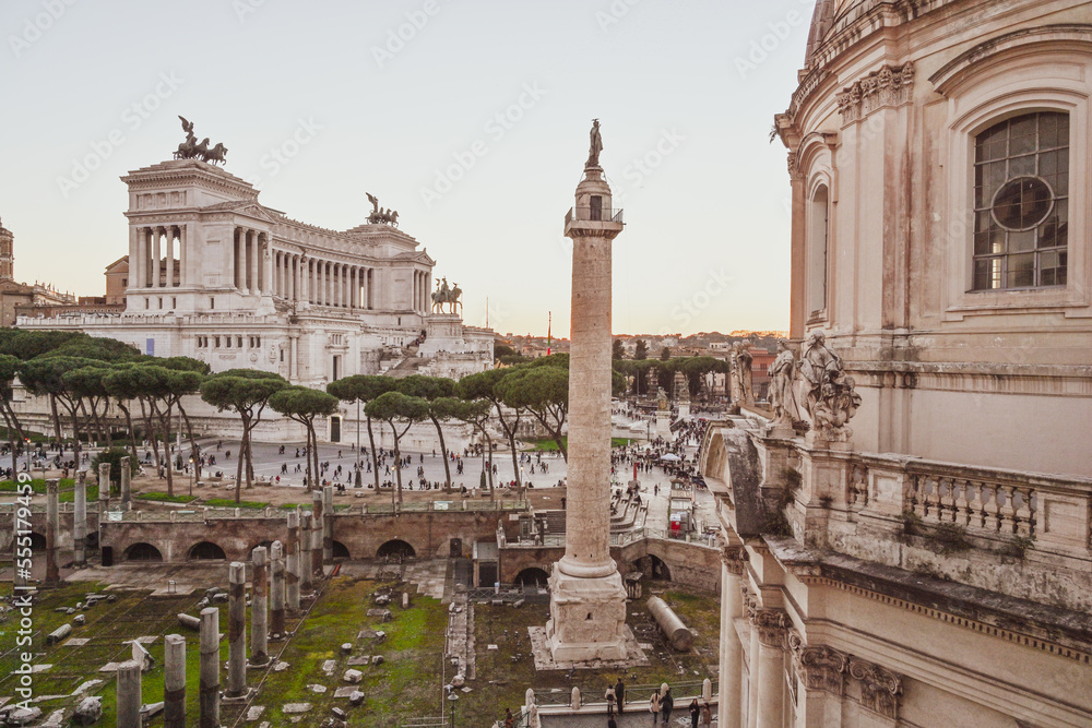 Facade of the Victorian in Rome, Italy  during the day at sunset.Emmanuel II monument and The Altare della Patria