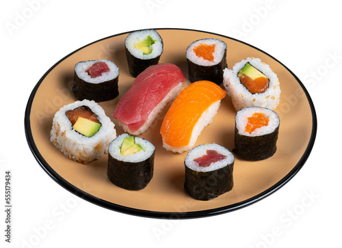 Plate of sushi and nigiri roll