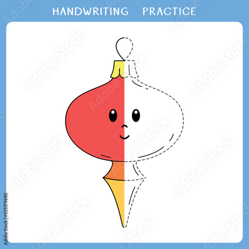 Handwriting practice sheet. Simple educational game for kids. Vector illustration of cute christmas bauble for coloring book